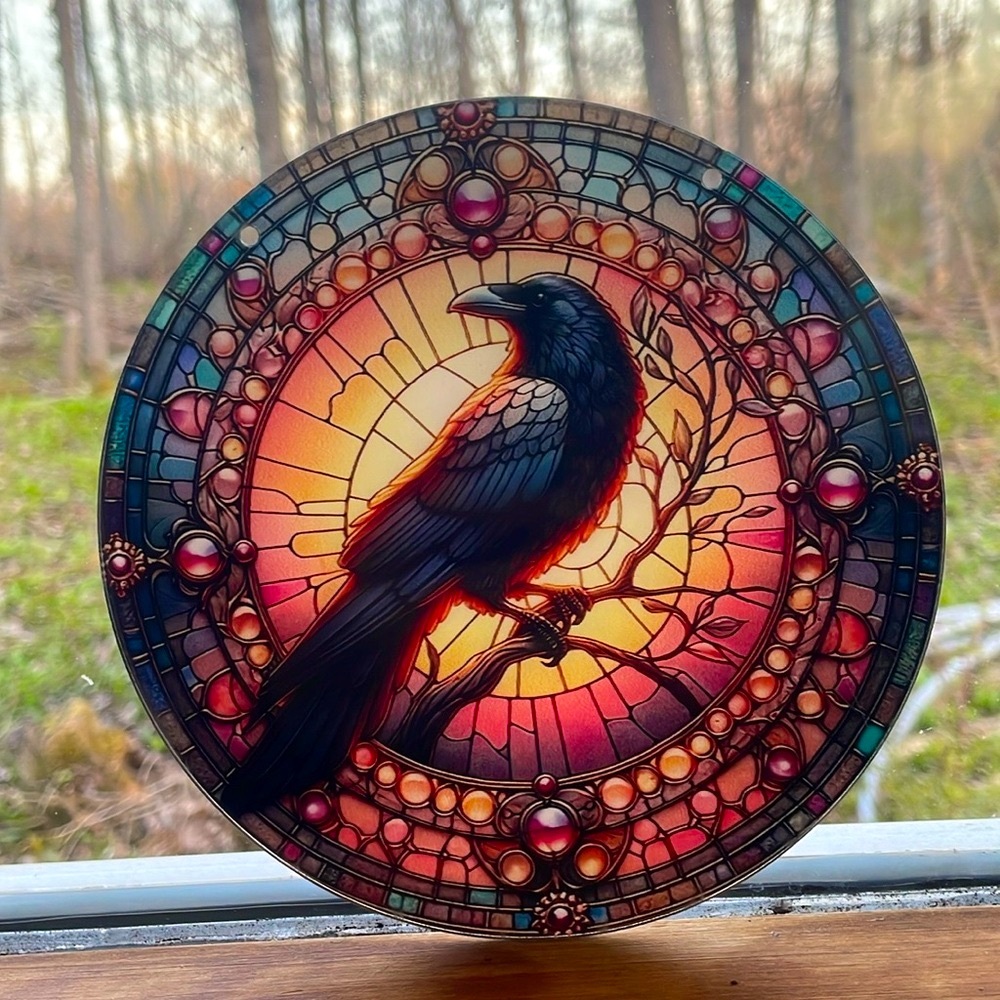 Suncatcher Acrylic Black Raven Gothic Bird Home Decor Faux Stained Glass 6”